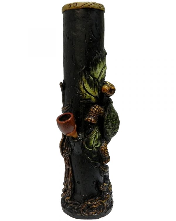 Handcrafted tobacco smoking water pipe of a green and brown turtle with leaves and a twisted brown tree.