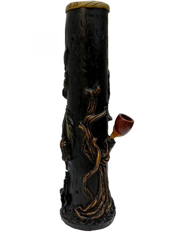 Handcrafted tobacco smoking water pipe of a green and brown turtle with leaves and a twisted brown tree.