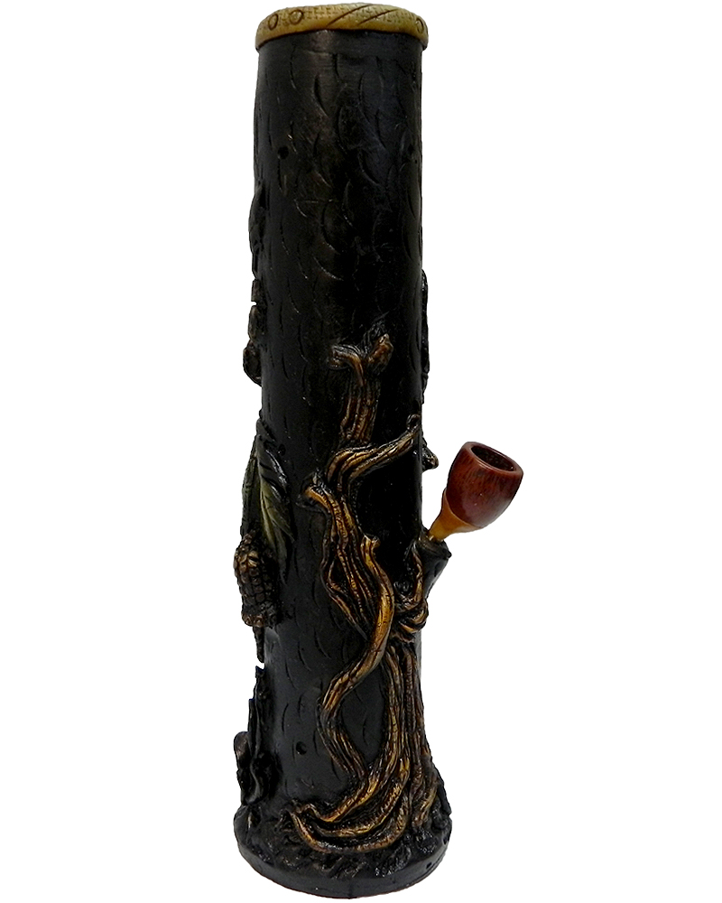 Handcrafted tobacco smoking water pipe of a green and brown turtle with leaves and a twisted brown tree.