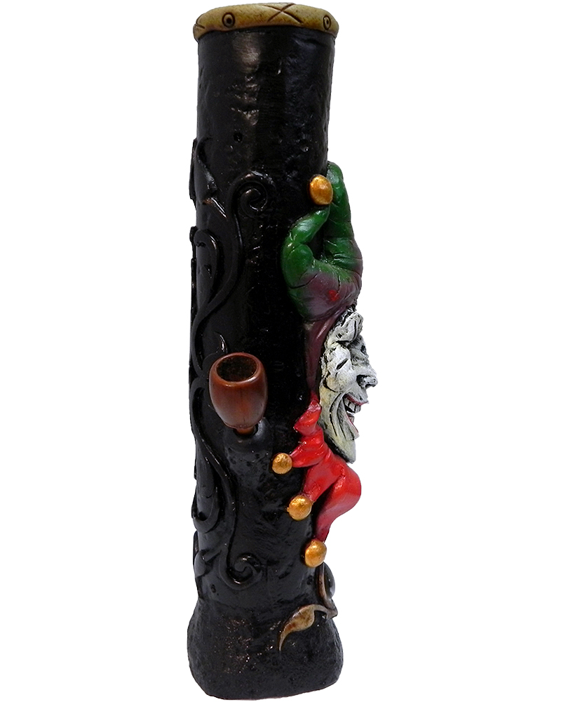 Handcrafted tobacco smoking water pipe of an evil mad jester head with a creepy smile and a red, blue, and green suit.