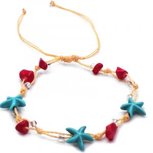 Handmade tied string pull tie anklet with starfish beads, chip stones, and seed beads in red, turquoise blue, clear, and beige color combination.