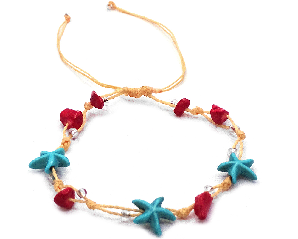 Handmade tied string pull tie anklet with starfish beads, chip stones, and seed beads in red, turquoise blue, clear, and beige color combination.