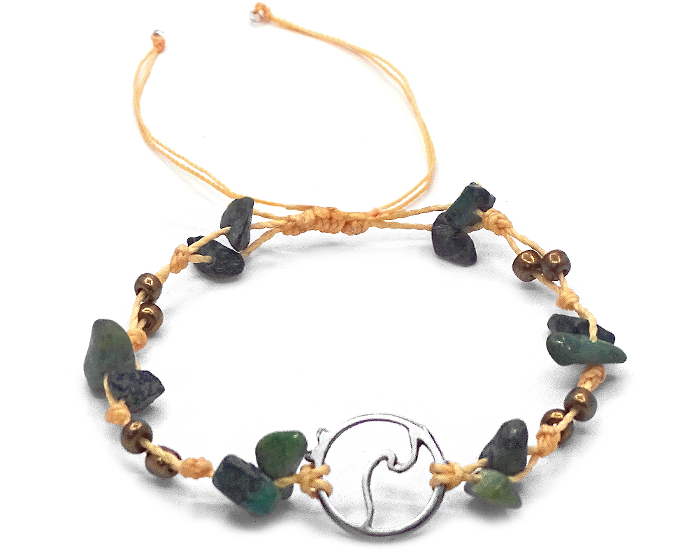 AK-080105049038 Handmade tied string pull tie anklet with chip stones, seed beads, and round silver metal wave charm charm in green, dark green, gold, and beige color combination.