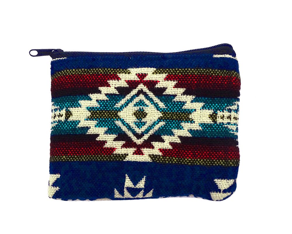 CP-020402053854 Handmade cushioned coin purse bag with multicolored Aztec inspired tribal print striped pattern and padding in blue, teal, beige, and multicolored color combination.