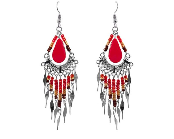Handmade teardrop-cut olive green serpentine cabochon stone chandelier earrings with long multicolored seed bead, bugle bead, and alpaca silver metal dangles in lime green, salmon red, and black color combination.