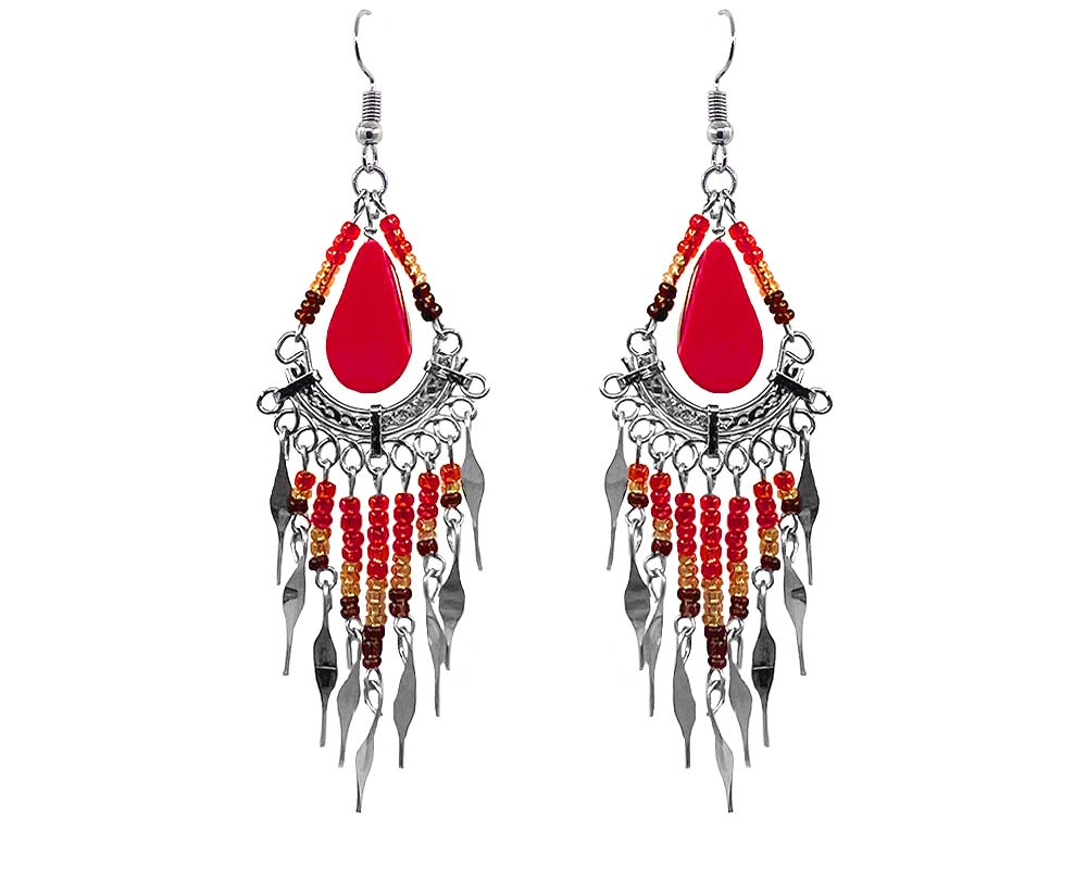 EA-020501010999 Handmade teardrop-cut olive green serpentine cabochon stone chandelier earrings with long multicolored seed bead, bugle bead, and alpaca silver metal dangles in lime green, salmon red, and black color combination.