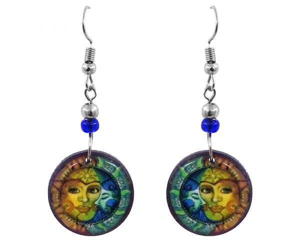Handmade round-shaped New Age themed sun and moon graphic acrylic dangle earrings with beaded metal hooks in yellow, gold, teal green, and turquoise blue color combination.