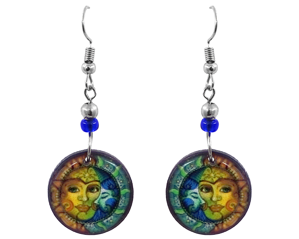EA-040401035405 Handmade round-shaped New Age themed sun and moon graphic acrylic dangle earrings with beaded metal hooks in yellow, gold, teal green, and turquoise blue color combination.