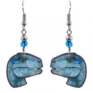 Handmade Velociraptor dinosaur face acrylic dangle earrings with beaded metal hooks in turquoise, light blue, white, and yellow color combination.