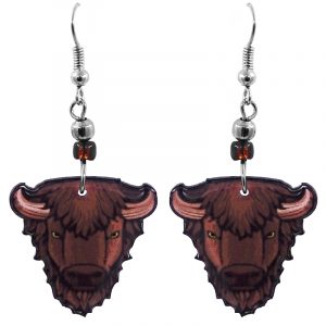 Handmade buffalo face graphic acrylic dangle earrings with beaded metal hooks in brown, tan, beige, and black color combination.