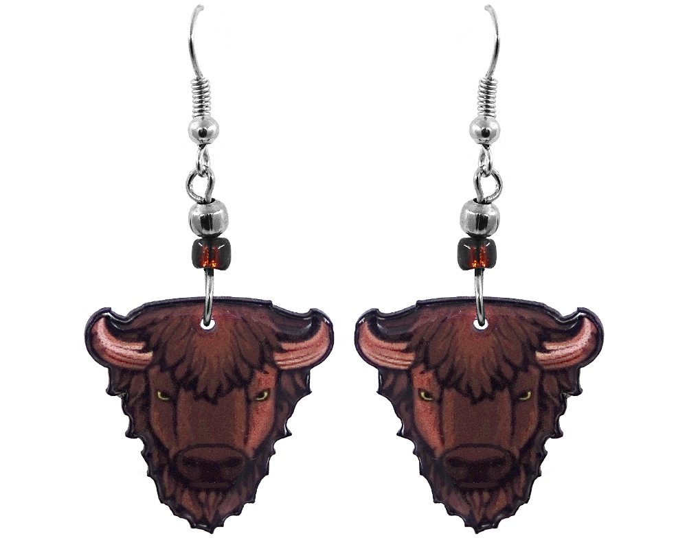 Handmade buffalo face graphic acrylic dangle earrings with beaded metal hooks in brown, tan, beige, and black color combination.