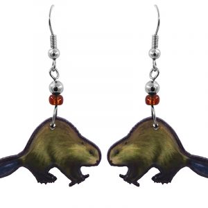 Handmade beaver acrylic dangle earrings with beaded metal hooks in brown, beige, and black color combination.