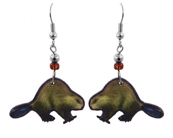 Handmade beaver acrylic dangle earrings with beaded metal hooks in brown, beige, and black color combination.