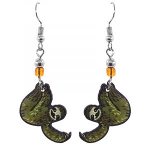 Handmade sloth acrylic dangle earrings with beaded metal hooks in brown, gold, tan, beige, and black color combination.