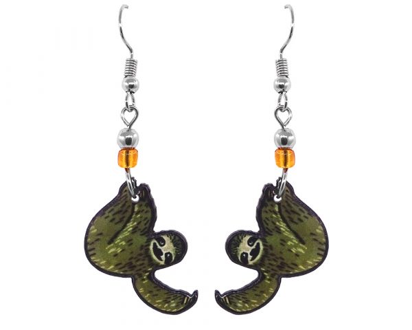 Handmade sloth acrylic dangle earrings with beaded metal hooks in brown, gold, tan, beige, and black color combination.