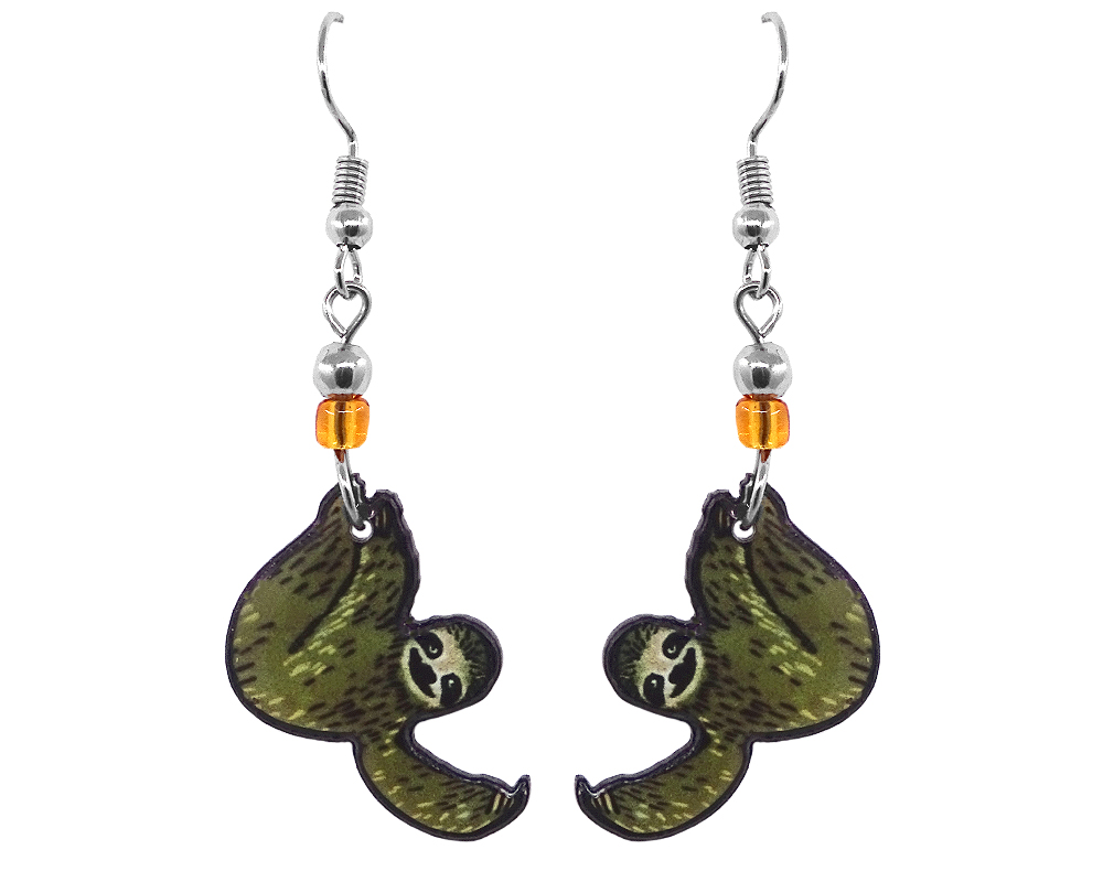 EA-049200083809 Handmade sloth acrylic dangle earrings with beaded metal hooks in brown, gold, tan, beige, and black color combination.