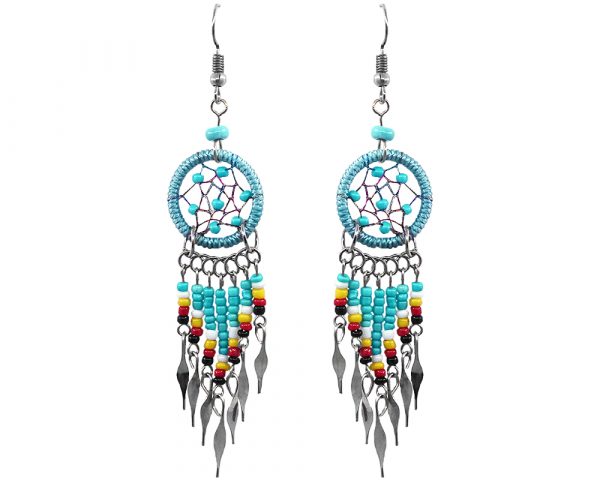 Handmade Native American inspired round beaded thread dream catcher earrings with long seed bead and alpaca silver dangles in aqua mint, turquoise blue, white, yellow, red, and black color combination.
