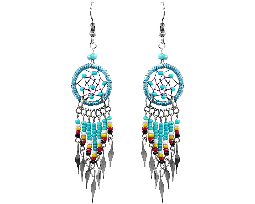 Handmade Native American inspired round beaded thread dream catcher earrings with long seed bead and alpaca silver dangles in aqua mint, turquoise blue, white, yellow, red, and black color combination.