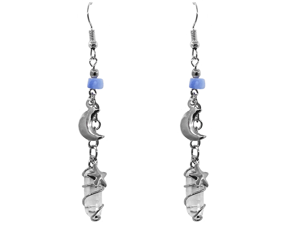 Handmade silver metal wire wrapped clear quartz crystal earrings with chip stone and crescent moon and stars charm dangles in light blue.