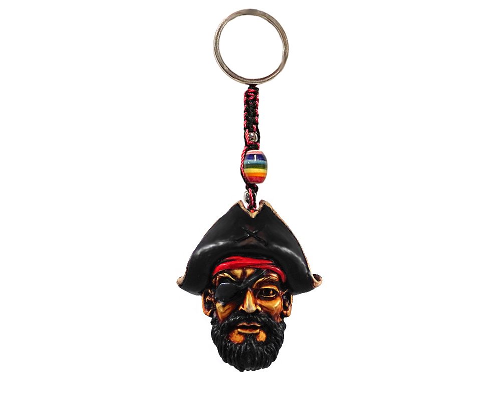 KC-05010101 Handmade durepox resin figurine keychain of a pirate captain head with a hat and eye patch.