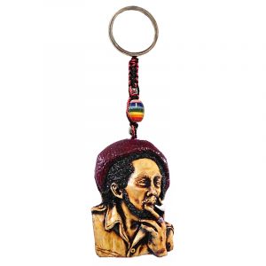 Handmade durepox resin figurine keychain of smoking Bob wearing red hat.