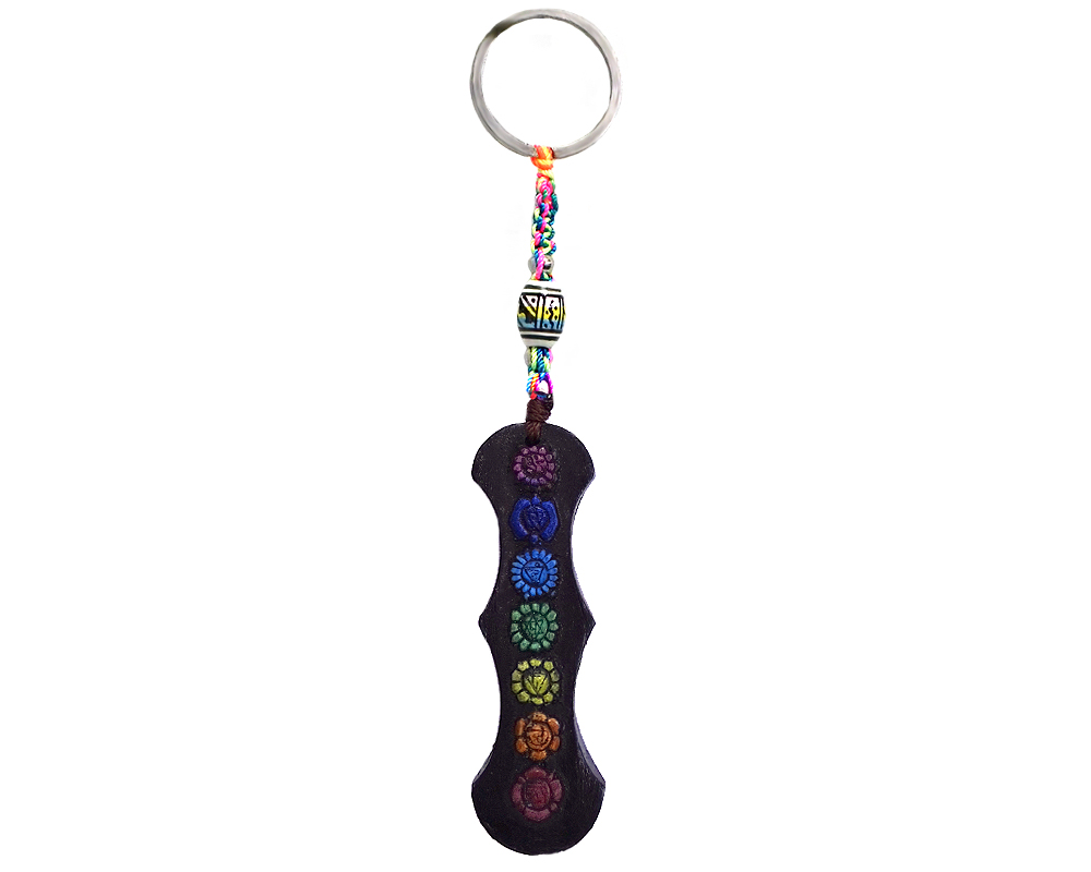 KC-05030101 Handmade durepox resin figurine keychain of seven chakra aligned symbols.