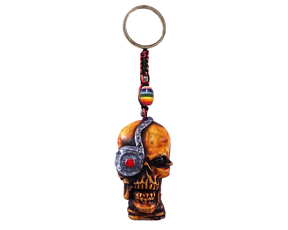 KC-05051302 Handmade durepox resin figurine keychain of a cyborg skull with a robot eye.