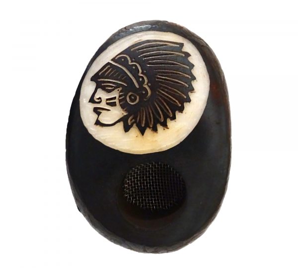 Handcarved tobacco smoking mini round natural tagua nut hand pipe bowl of a Native American Indian Chief head profile.