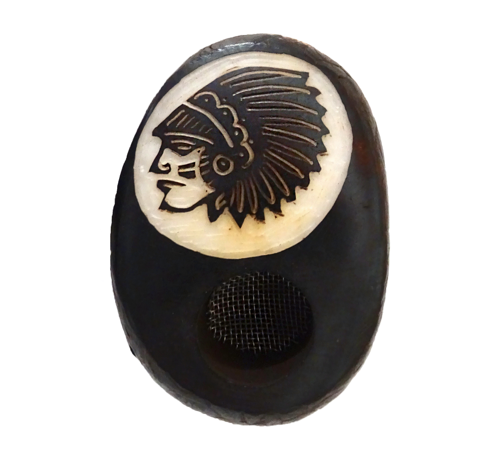 Handcarved tobacco smoking mini round natural tagua nut hand pipe bowl of a Native American Indian Chief head profile.