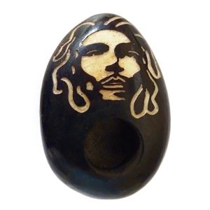 Handcarved tobacco smoking mini round natural tagua nut hand pipe bowl of a Bob face.
