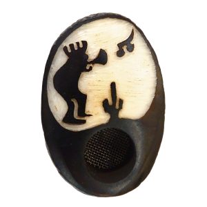 Handcarved tobacco smoking mini round natural tagua nut hand pipe bowl of a kokopelli deity playing the flute.