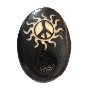 Handcarved tobacco smoking mini round natural tagua nut hand pipe bowl of a peace sign symbol inside of a tribal sun design.