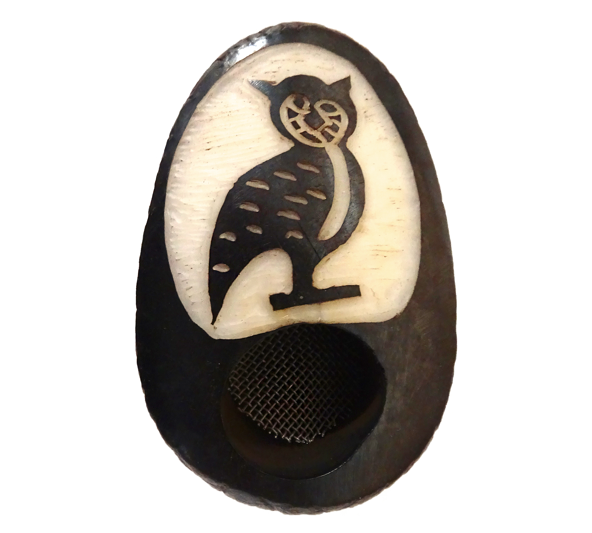 Handcarved tobacco smoking mini round natural tagua nut hand pipe bowl of an owl.