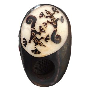 Handcarved tobacco smoking mini round natural tagua nut hand pipe bowl of two dual tribal gecko lizards.
