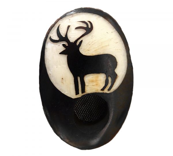 Handcarved tobacco smoking mini round natural tagua nut hand pipe bowl of a deer or moose silhouette.