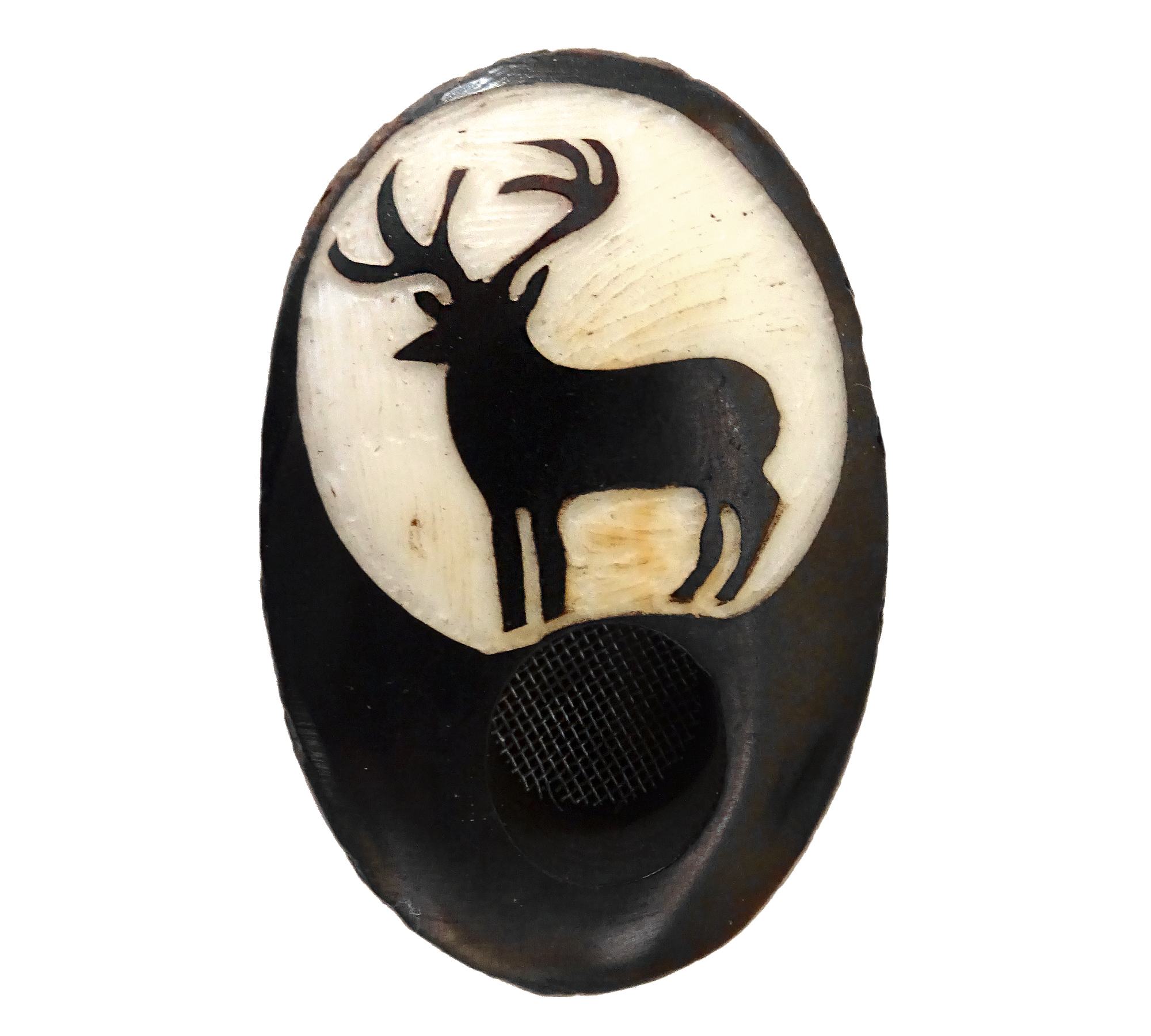 Handcarved tobacco smoking mini round natural tagua nut hand pipe bowl of a deer or moose silhouette.