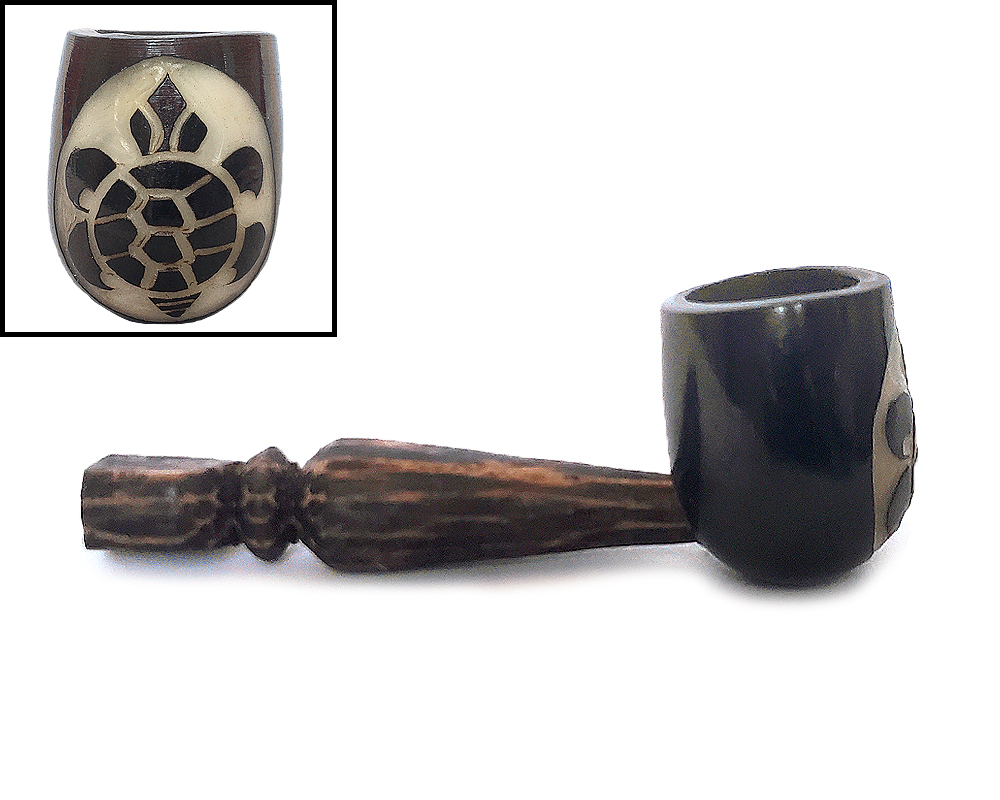 TP-060501 Handcarved tobacco smoking natural tagua nut hand pipe of a tribal sea turtle in small size.