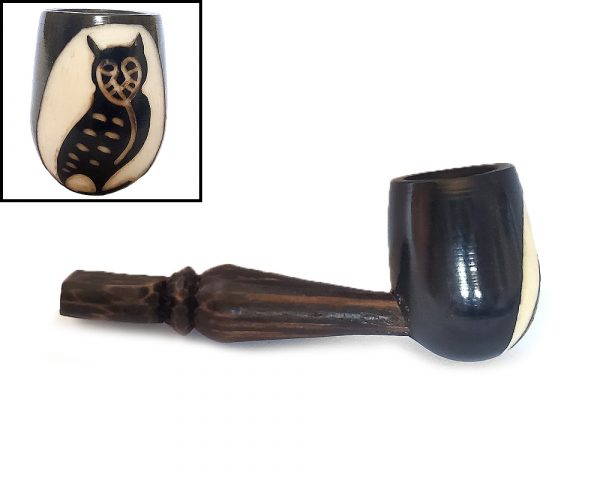 Handcarved tobacco smoking natural tagua nut hand pipe of an owl in small size.
