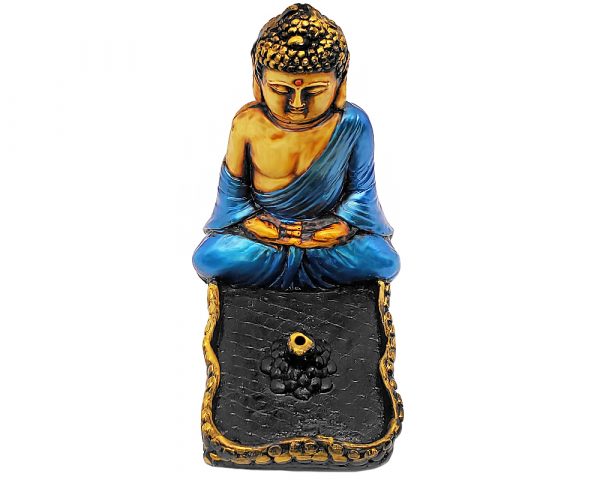 Handcrafted vertical incense holder ash tray with 3D figurine of a sitting meditating Tibetan Buddha in metallic turquoise, gold, and black color combination.