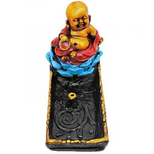 andcrafted vertical incense holder ash tray with 3D figurine of a Baby Buddha sitting on a lotus flower in red, turquoise blue, gold, and black color combination.