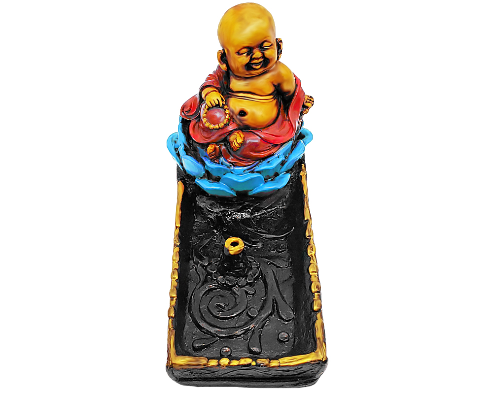 SA-010103013509 andcrafted vertical incense holder ash tray with 3D figurine of a Baby Buddha sitting on a lotus flower in red, turquoise blue, gold, and black color combination.