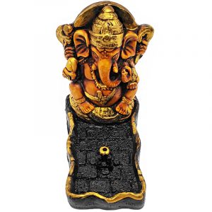 Handcrafted vertical incense holder ash tray with 3D figurine of a Ganesha elephant deity in beige, gold, and black color combination.