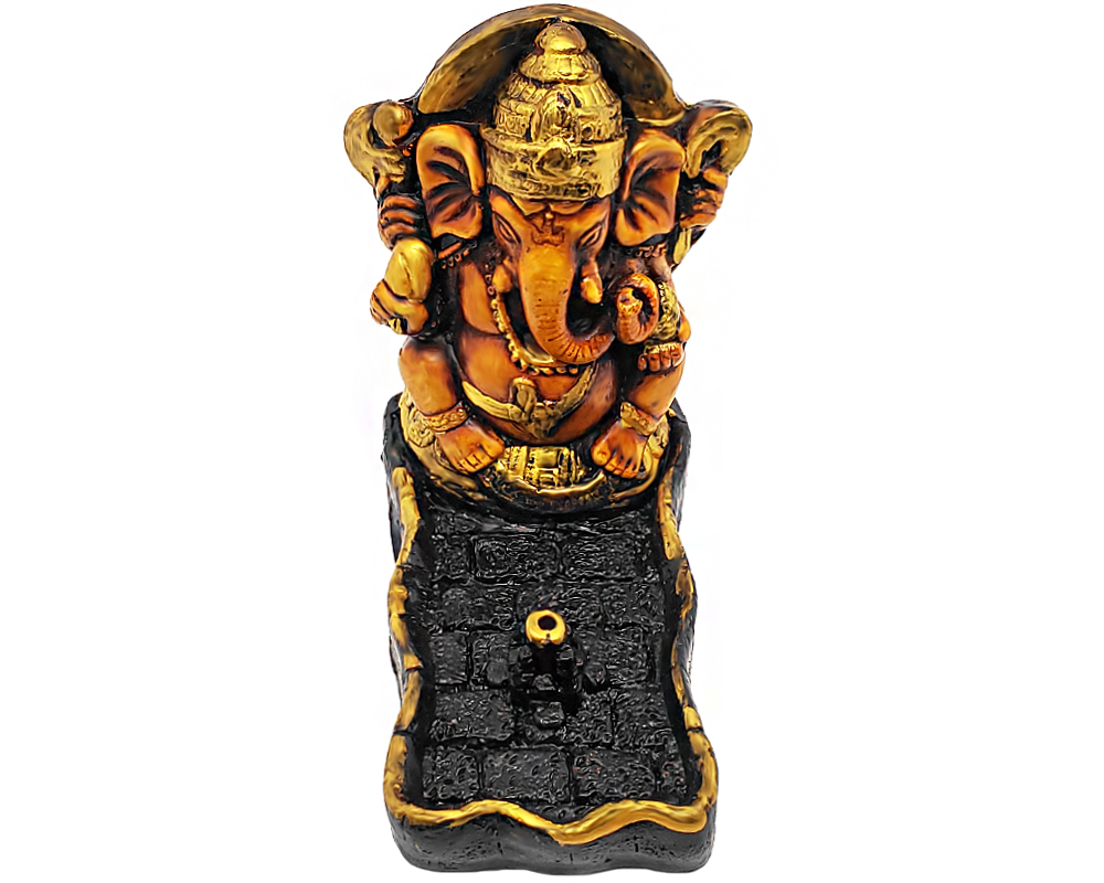 SA-010104383309 Handcrafted vertical incense holder ash tray with 3D figurine of a Ganesha elephant deity in beige, gold, and black color combination.