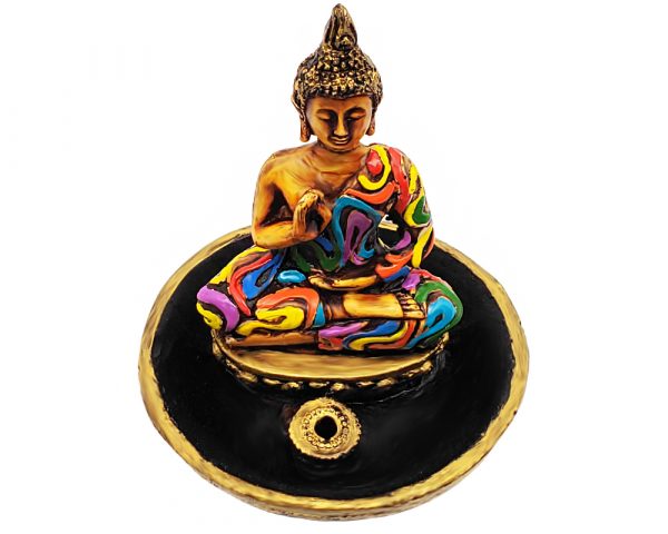 Handcrafted round incense holder ash tray with 3D figurine of a sitting meditating Tibetan Buddha in multicolored psychedelic pattern, gold, and black color combination.