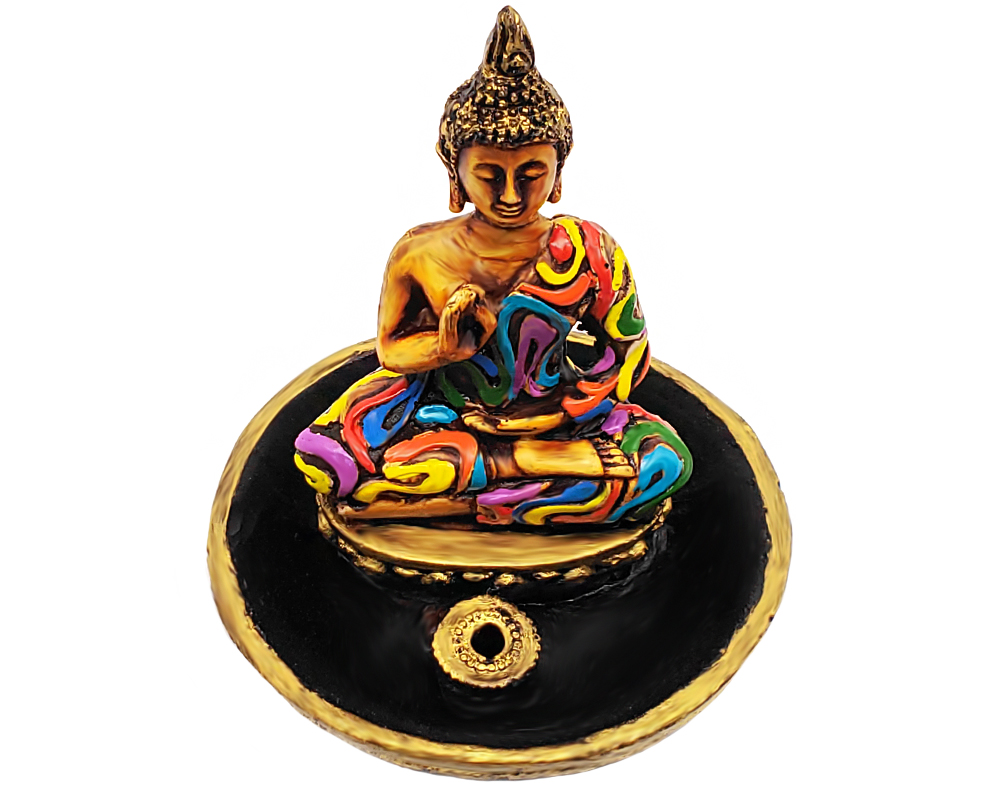 SA-010202993309 Handcrafted round incense holder ash tray with 3D figurine of a sitting meditating Tibetan Buddha in multicolored psychedelic pattern, gold, and black color combination.