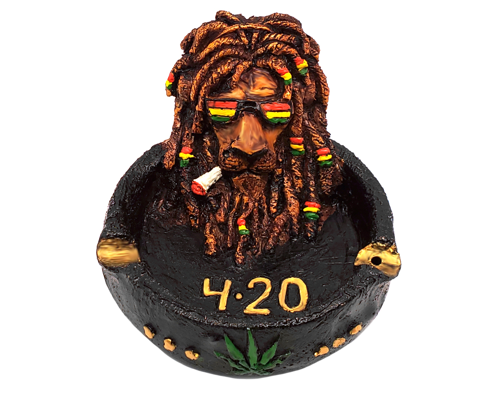 SA-020101080933 Handcrafted round incense holder ash tray with 3D figurine of a smoking lion with dreads and sunglasses in brown, black, and Rasta colors.