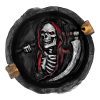 Handcrafted round flat incense holder ash tray with image of a hooded grim reaper death skull holding scythe in red, white, gray, gold, and black color combination.
