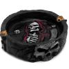 Handcrafted round flat incense holder ash tray with image of a hooded grim reaper death skull holding scythe in red, white, gray, gold, and black color combination.
