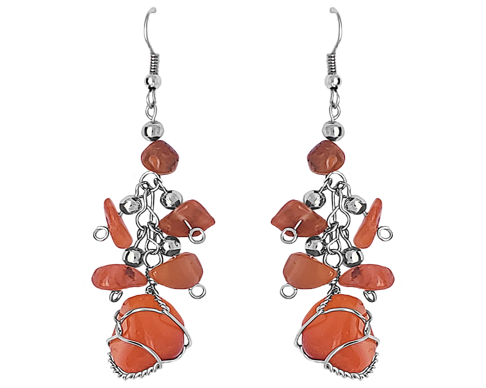 EA-020302020290 Handmade silver metal wire wrapped tumbled stone earrings with chip stone dangles in orange agate.