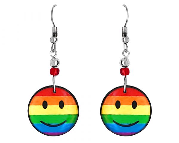 Handmade rainbow smiley face acrylic dangle earrings with beaded metal hooks in striped pattern.